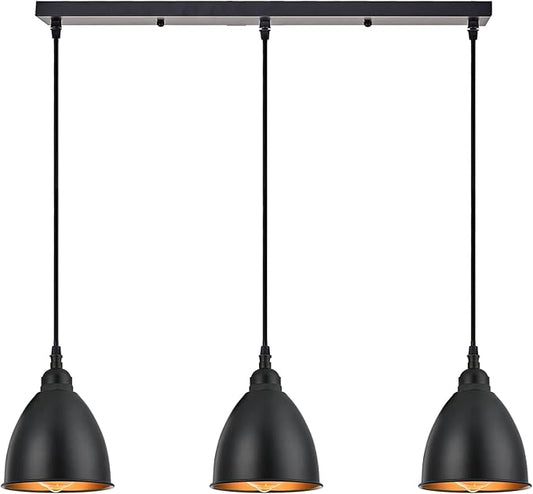 TERLEENART 3-Lights Kitchen Island Pendant Light,Industrial Farmhouse Hanging Chandelier with Matt Black Metal Bell Shade Build-in Golden Color, for Dining Room Table Staircase Hallway