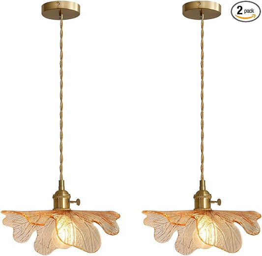 Pendant Lights Set of 2, Hand Blown Amber Glass Brass Gold Hanging Lighting, Adjustable 59” Cord Mid Century Modern Fixture, Sloped Ceiling Compatible for Kitchen Island Dining Room