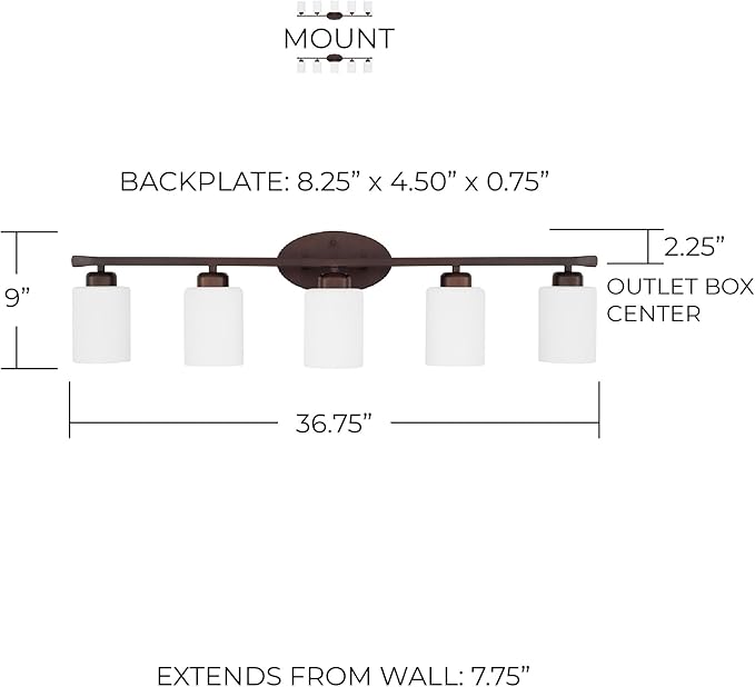 HomePlace Lighting 115251BZ-338 Dixon Modern Soft White Glass Bathroom Vanity Wall Light, 5-Light 500 Total Watts, 9" H x 37" W, Bronze