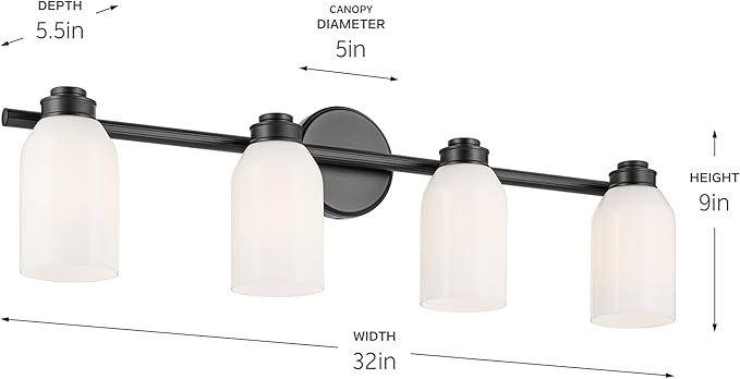 Kichler Shae 4-Light Bathroom Vanity Light Fixture with White Opal Glass, 32.25" Modern Vanity Light in Black for Bathroom Over Mirror (32.25" W x 9" H), 55203BK