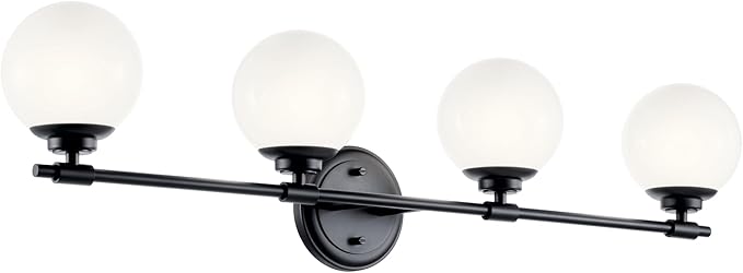 Kichler Benno 4-Light Vanity, Modern Light with Opal Glass in Black, for Bathroom or Powder Room (8.75" x 34"), 55173BK