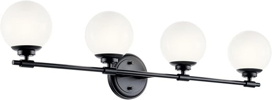 Kichler Benno 4-Light Vanity, Modern Light with Opal Glass in Black, for Bathroom or Powder Room (8.75" x 34"), 55173BK