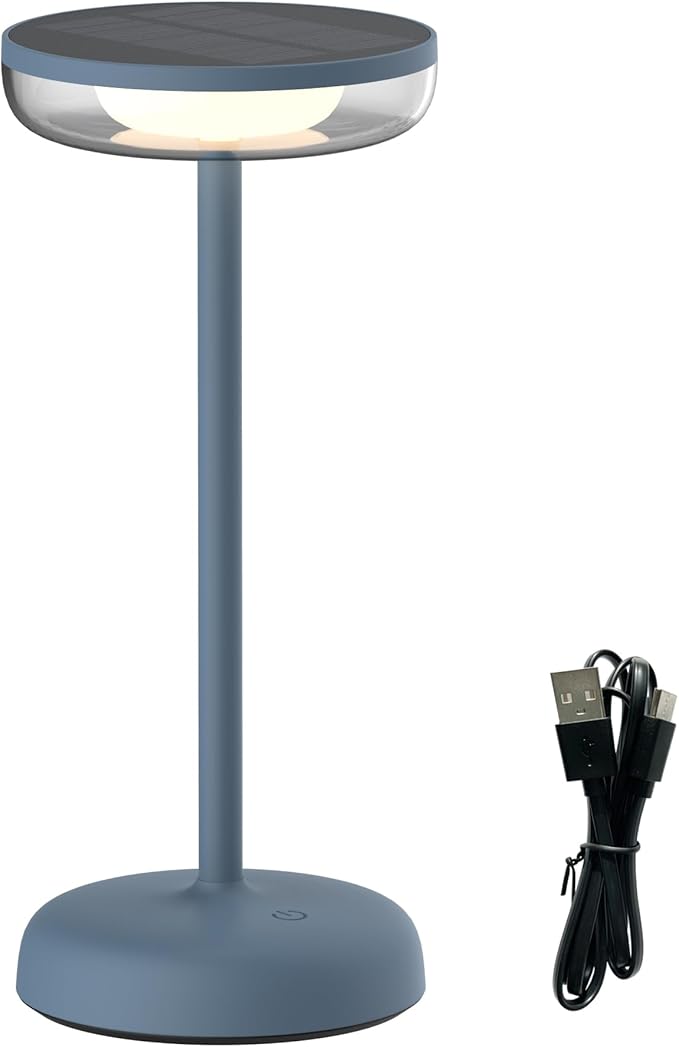 Cocktail Style Solar Table Lamp – Cordless LED Light with USB-C Charging, Dimmable Warm 2700K Glow, Weather Resistant for Indoor/Outdoor Use – Blue, 1 Pack
