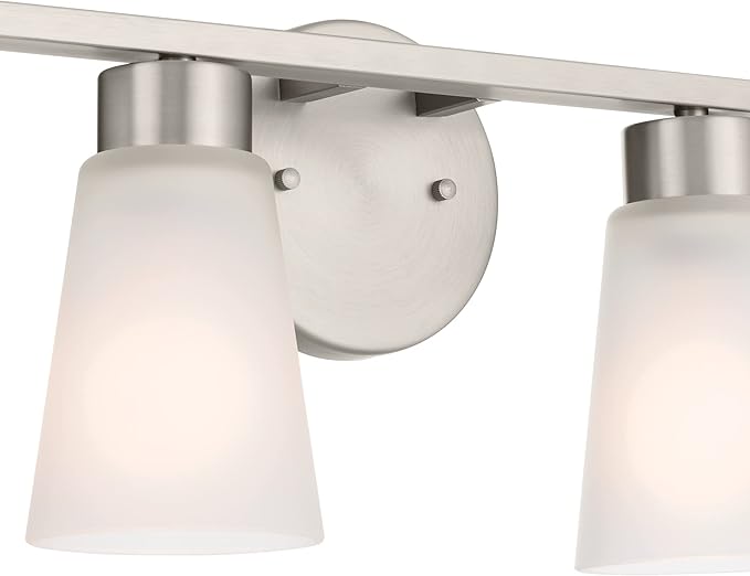 Kichler Stamos 4-Light Bathroom Vanity Light Fixture with Satin Etched Glass Shades, 26 in Modern Wall Light in Brushed Nickel for Bathroom Mirror (26 in x 8 in x 5 in), 55122NI