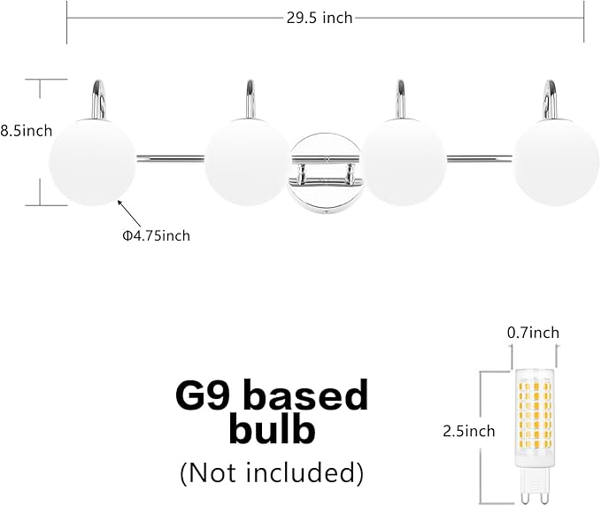 Chrome Mid Century Modern 4-Light Bathroom Light Fixtures Over Mirror, Vanity Wall Sconces With Globe Frosted Milk Glass