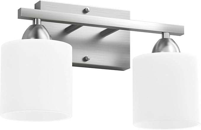 Bathroom Lighting Fixtures Over Mirror Brushed Nickel, Anti-Rust 2-Light Bathroom Vanity Lights, Modern 18Inches Wall Sconces E26 Base, Milky White Glass Shades, Bulbs Not Included