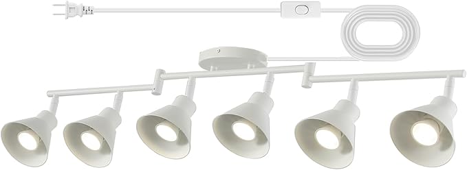 6 Light Plug in Track Lighting Kit,Modern Plug in Ceiling Light Fixture,16.4ft Cord,6 Way Ceiling Spot Lighting,Flexibly Rotatable Light Head (White)