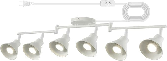 6 Light Plug in Track Lighting Kit,Modern Plug in Ceiling Light Fixture,16.4ft Cord,6 Way Ceiling Spot Lighting,Flexibly Rotatable Light Head (White)