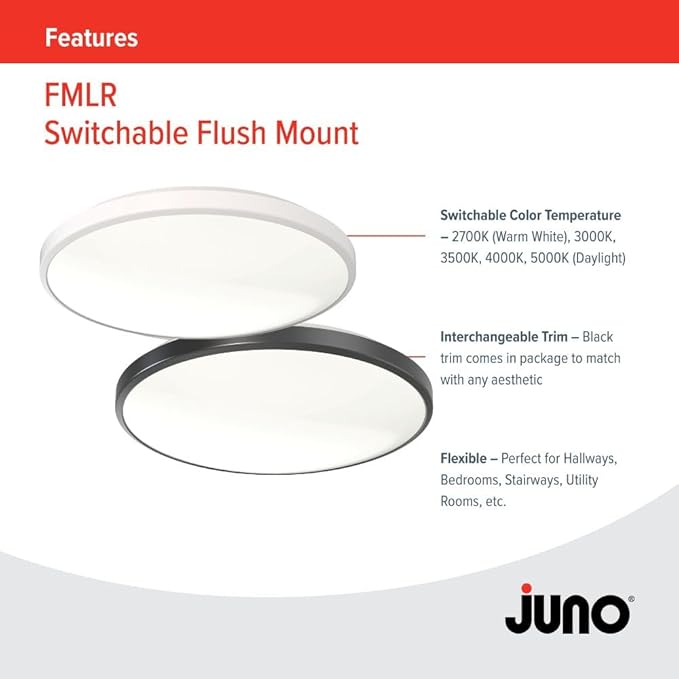 Juno 14 Inch Round LED Flush Mount Ceiling Light, Low Profile Modern Ceiling Light Fixture, Selectable 2700K/3000K/3500K/4000K/5000K Color Temperature, Dimmable, White (FMLR 14IN SWW5 90CRI WBT M4)
