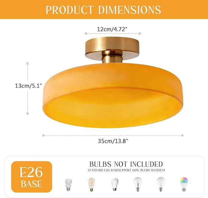 Brass Gold Semi Flush Mount Ceiling Light Fixture Vintage Glass Pendant Light Orange Dome Shade Bedroom Mid Century Modern Close to Ceiling Lights Hallway Overhead Lights Fixtures