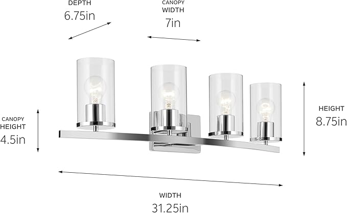 Kichler Crosby 4-Light Bathroom Vanity Light Fixture with Clear Glass in Chrome, Modern Wall Mount Over Mirror Lighting for Bathroom, 31.25" x 8.75", 45498CHCLR