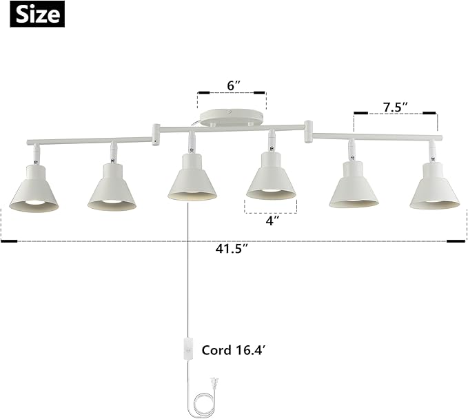 6 Light Plug in Track Lighting Kit,Modern Plug in Ceiling Light Fixture,16.4ft Cord,6 Way Ceiling Spot Lighting,Flexibly Rotatable Light Head (White)