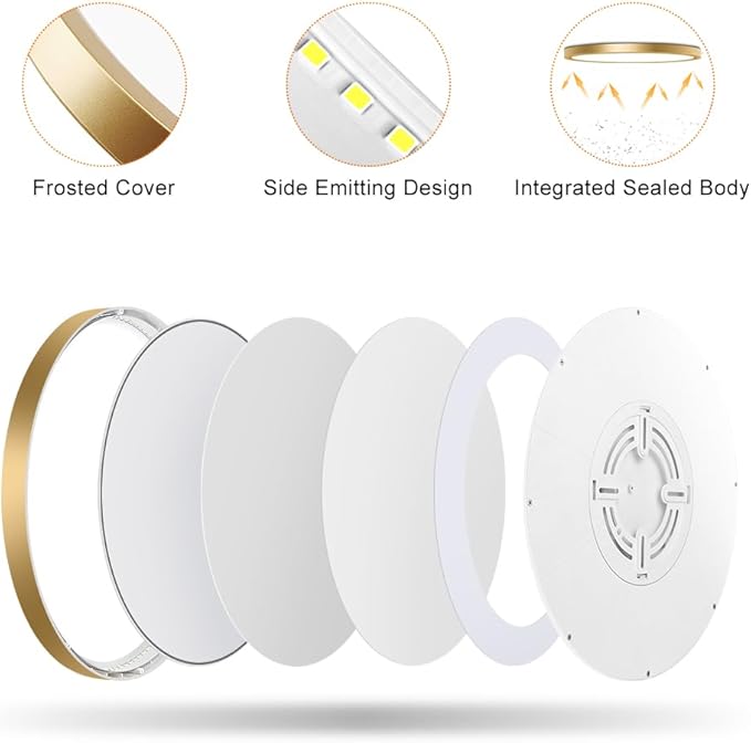 12 Inch Gold LED Ceiling Light, 6000K Cold White, 24W Gold Flush Mount Ceiling Light, 3200LM Round Flat Ceiling Lights for Bedroom, Living Room, Dining Room, Stairwells