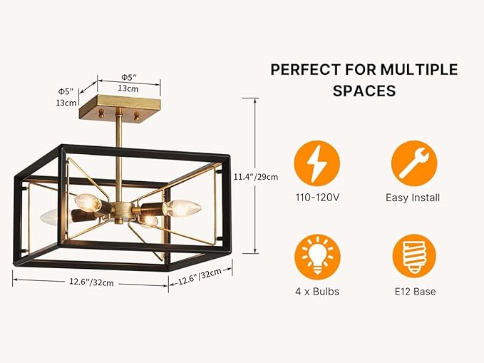 AGV LIGHTING CL046BB Modern Ceiling Light, Semi-Flushmount Close to Ceiling Light Fixture, Perfect for Living Space, L13 x W13 x H11, 4 x E12 Socket, Rustic Brass & Matte Black Finish