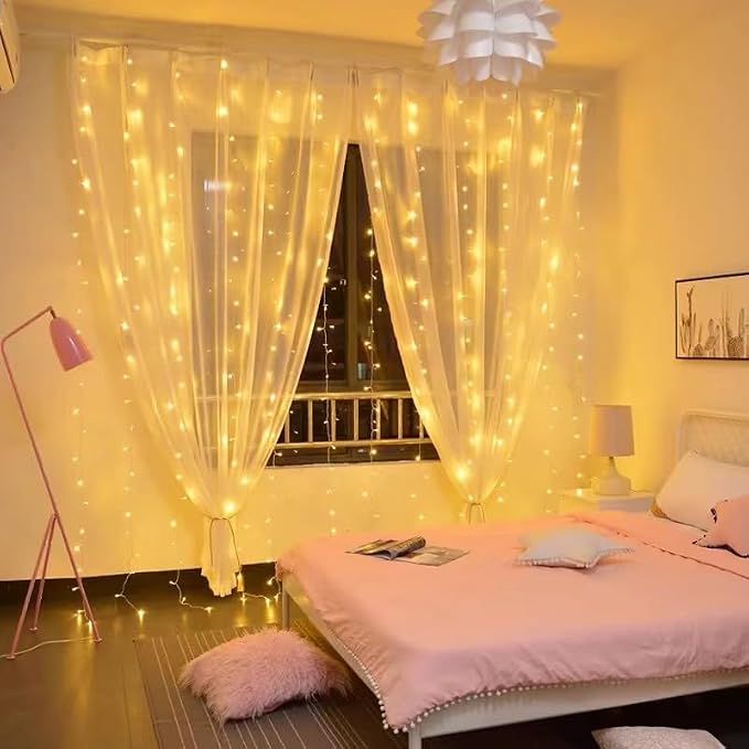 300 LED Curtain Light,3M*3M Fairy String Lights,Curtain String Lights for Party/Wedding/Festival/Christmas,Window Blinking String Light for Bedroom,Outdoor/Indoor,USB Plug with 8 Modes(Warm White)