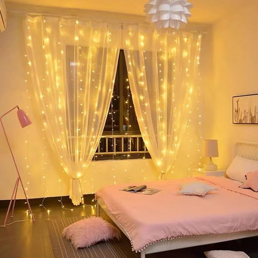300 LED Curtain Light,3M*3M Fairy String Lights,Curtain String Lights for Party/Wedding/Festival/Christmas,Window Blinking String Light for Bedroom,Outdoor/Indoor,USB Plug with 8 Modes(Warm White)