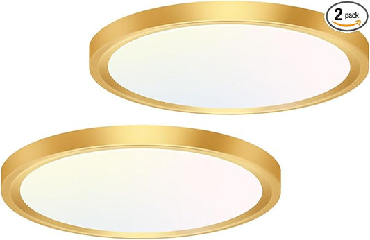 hepside 2PACK Flush Mount LED Ceiling Light Fixture Golden, 12Inch 28W, Dimmable 3000K-4500K-6000K 3 Color Selectable Ceiling Lamp 3200LM Low Profile Ceiling Light for Kitchen Bedroom Hallway