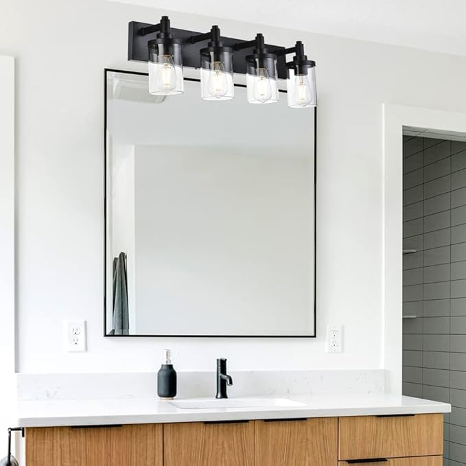 Modern Vanity Lighting, 4 Lights Bathroom Light Fixtures Over Mirror with Clear Class Shade Industrial Matte Black Wall Sconce for Powder Room Living Room, Bedroom Hallway Farmhouse