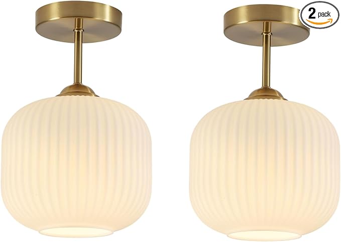 BOKT Vintage Semi Flush Mount Ceiling Lights 2 Pack 7.9" Stripe Milk White Glass Shade Modern Ceiling Lamp Mid Century Gold Ceiling Light Fixture for Farmhouse, Kitchen Island, Hallway