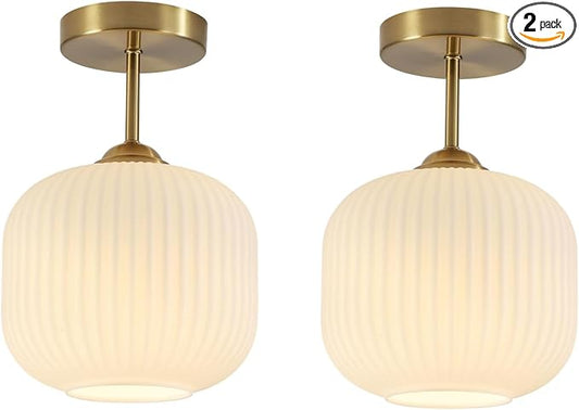 BOKT Vintage Semi Flush Mount Ceiling Lights 2 Pack 7.9" Stripe Milk White Glass Shade Modern Ceiling Lamp Mid Century Gold Ceiling Light Fixture for Farmhouse, Kitchen Island, Hallway