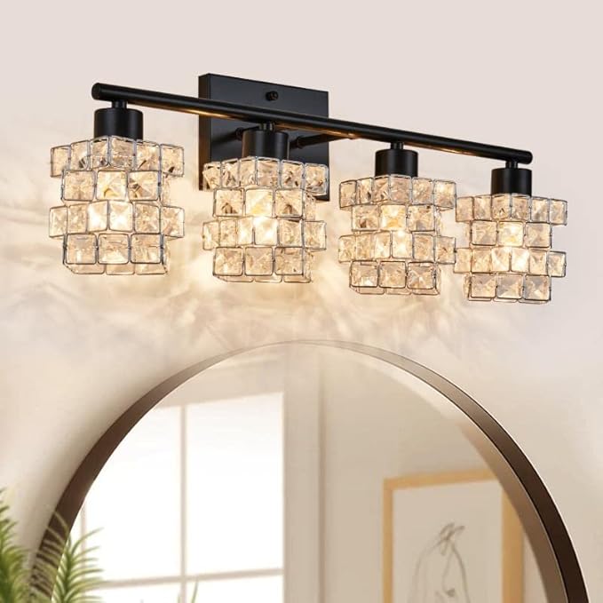 4 Lights Bathroom Vanity Light, Crystal Bathroom Light Fixture Over Mirror, Matte Black & Crystal Indoor Wall Lights | Chrome Glass Modern Lampshade for Sink, Mirror & Foyer Corridor