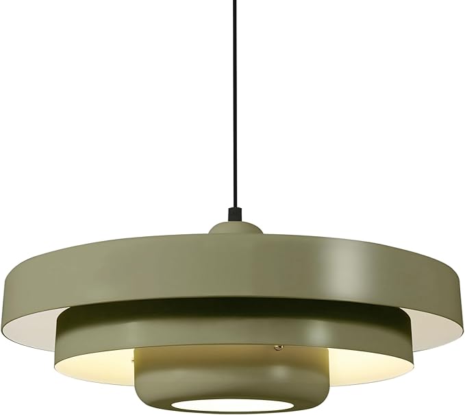 Industrial Farmhouse Pendant Light, 19.7 Inch Olive Green Metal Shade, Vintage Mid-Century Modern Single Hanging Chandelier for Kitchen Island, Dining Table, Bar, Entryway