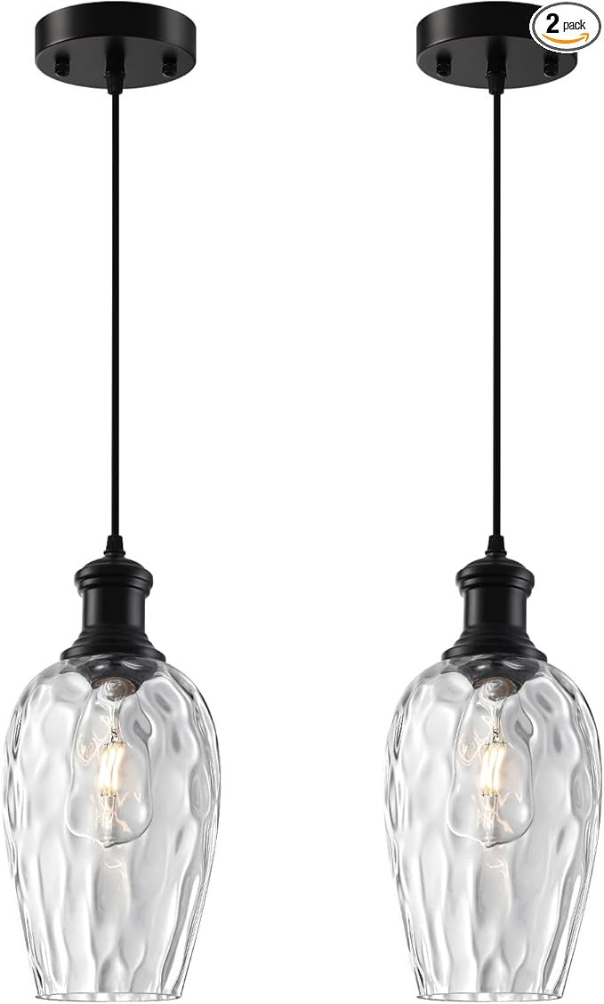 Black Pendant Lights Kitchen Island, 6.3” Hammered Glass Pendant Lights, Hanging Industrial Clear Glass Pendant Light 2-Pack, Farmhouse Kitchen Pendant Light for Dining Room, Bathroom, Cafe