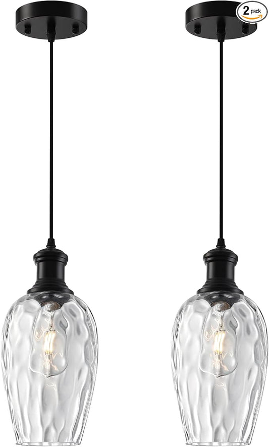 Black Pendant Lights Kitchen Island, 6.3” Hammered Glass Pendant Lights, Hanging Industrial Clear Glass Pendant Light 2-Pack, Farmhouse Kitchen Pendant Light for Dining Room, Bathroom, Cafe