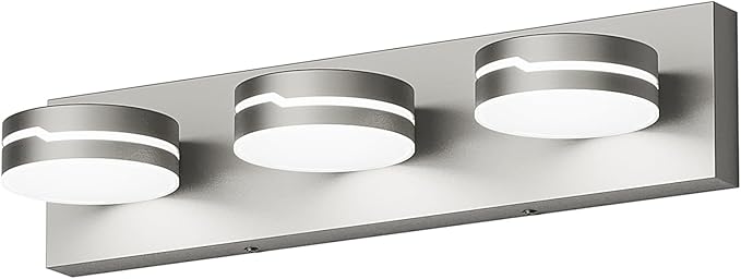 Vanity Lights for Bathroom, 18.9in Brushed Nickel Bathroom Light Fixtures Over Mirror, 3-Light Modern LED Wall Sconce Makeup Lighting, 350° Rotatable, Dimmable 6000K Cool White, Hardwired