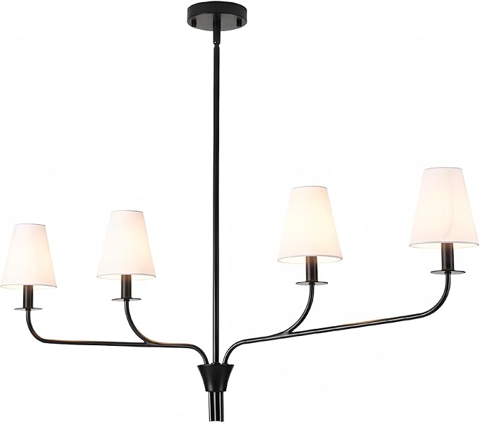Modern 42" Linear Chandelier for Kitchen Island & Dining Room - 4-Light Black Finish with White Fabric Shades, Adjustable Hanging Pendant Light Fixture, E12