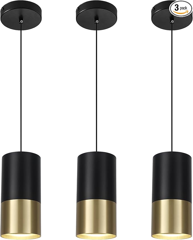 Black and Gold Pendant Light 3 Pack - Small Pendant Lights Kitchen Island with GU10 Bulbs, Minimalist Hanging Light for Dining Room Bedroom Bar, 5W 4000K