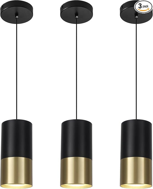 Black and Gold Pendant Light 3 Pack - Small Pendant Lights Kitchen Island with GU10 Bulbs, Minimalist Hanging Light for Dining Room Bedroom Bar, 5W 4000K