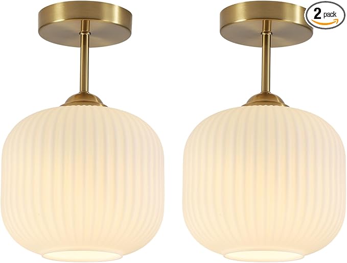 Milk Glass Flush Mount Ceiling Light Small Mid Century Modern Kitchen Lighting Fixtures Vintage Brushed Gold Semi Flush Mount Ceiling Light for Bedroom Hallway (2 Pack)