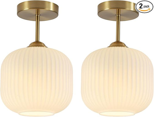 Milk Glass Flush Mount Ceiling Light Small Mid Century Modern Kitchen Lighting Fixtures Vintage Brushed Gold Semi Flush Mount Ceiling Light for Bedroom Hallway (2 Pack)
