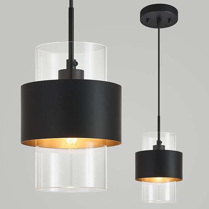 Modern Black Pendant Lighting Indoor Kitchen Island Pendant Light Glass Shade Ceiling Light Fixtures for Bedroom Dining Room Living Room(1-Pack)