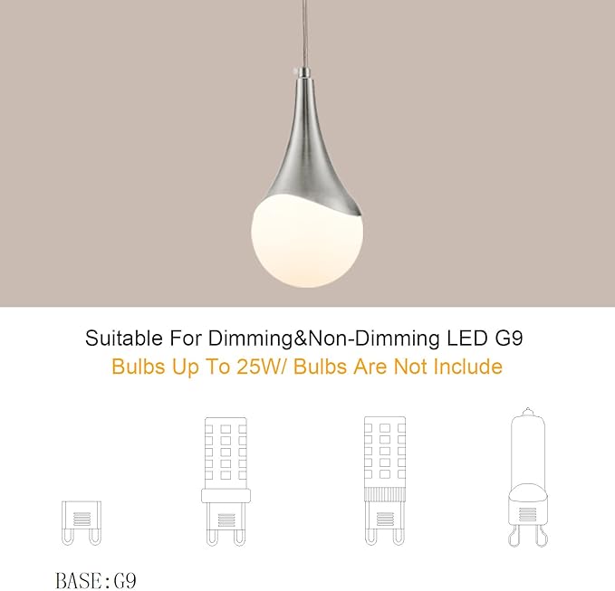 MWZ Brushed Nickel Plug in Pendant Light,Hanging Lights with On/Off Switch Cord,Mini Silver Pendant Lights for Kitchen Island,1-Light Modern Raindrop Chandelier Lamps with White Globe Glass Shade