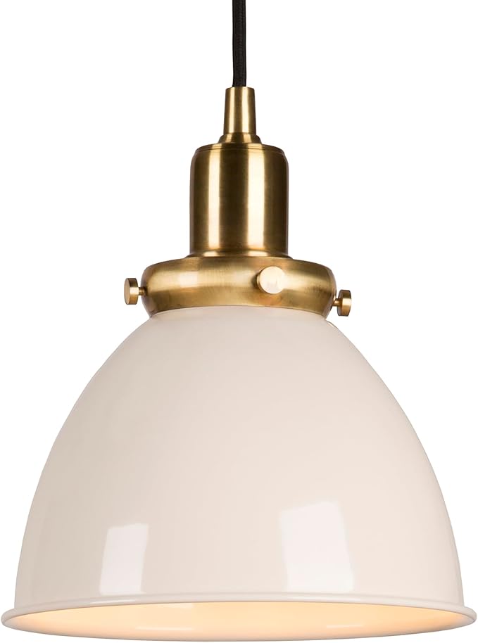 Henn&Hart 8" Industrial Two-Toned Pendant Light Fixture with Pearled White Metal Dome Shade and 8' Adjustable Cord for Kitchen Island, Dining Room or Game Room, Lustrous White/Gold