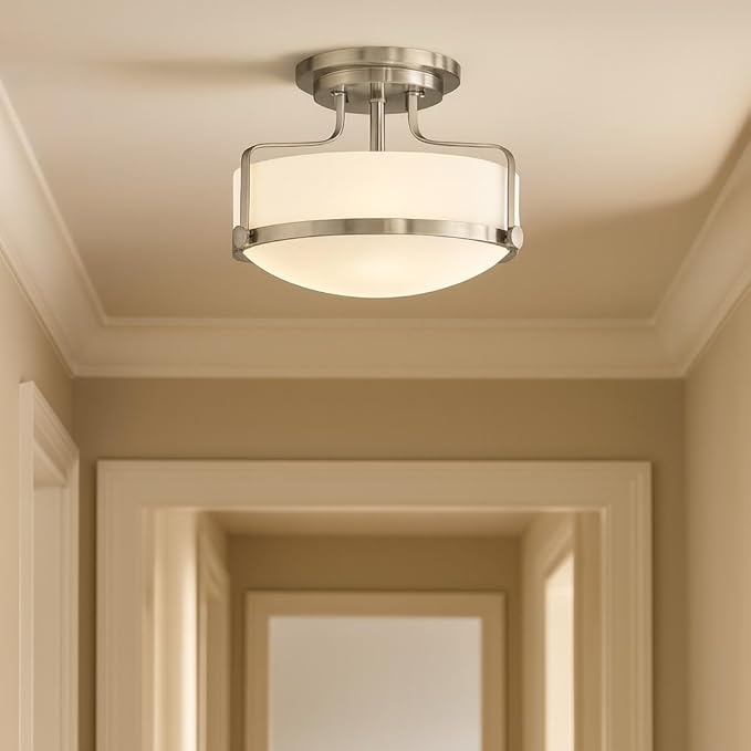 Hinkley Harper 3641BN Medium Semi-Flush Mount Ceiling Light, Sleek, Retro Style, Brushed Nickel and Etched Opal Glass