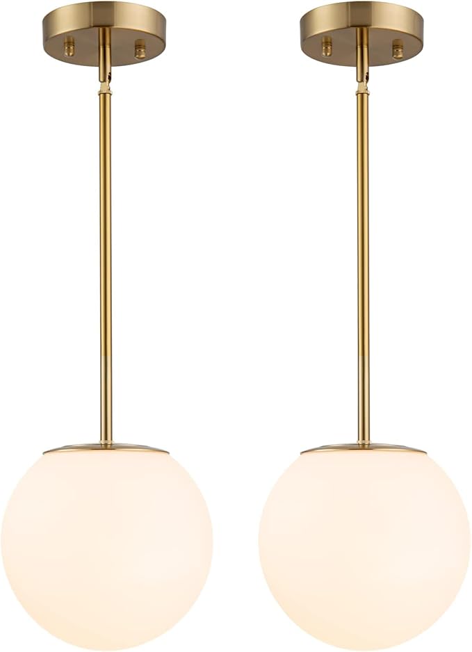 Modern Globe Pendant Light Mid Century Opal Glass Hanging Light Fixture Gold Finish, 2-Light Glass Pendant Lighting for Kitchen Island Dining Room Bedroom Hallway and Bathroom