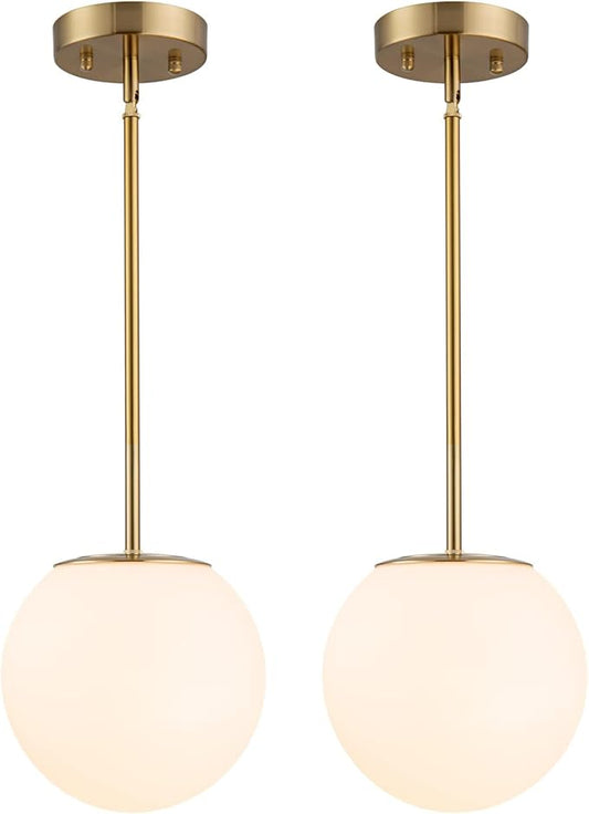 Modern Globe Pendant Light Mid Century Opal Glass Hanging Light Fixture Gold Finish, 2-Light Glass Pendant Lighting for Kitchen Island Dining Room Bedroom Hallway and Bathroom