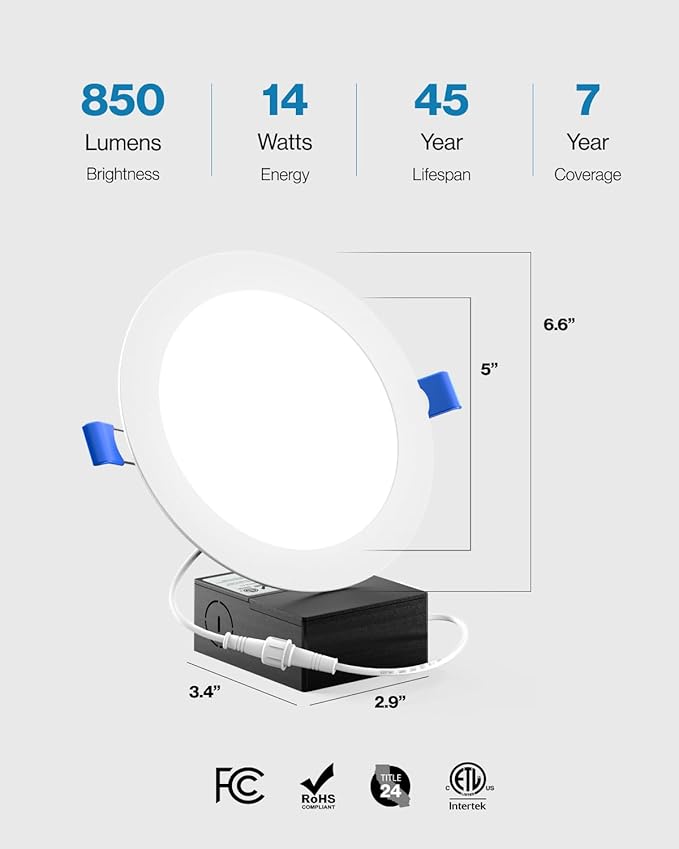 Sunco 24 Pack Recessed Lighting 6 Inch LED, Canless Ceiling Lights Slim with Junction Box, 850 LM, 14W (100W Equivalent), 2700K Soft White, Dimmable, Wafer Thin, 50000 Lifetime Hours ETL.