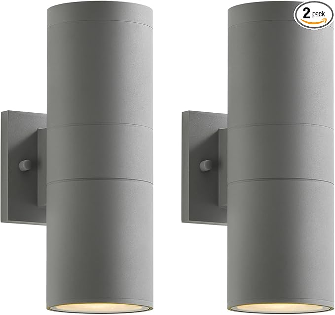 mirrea Modern Outdoor Porch Light Patio Light in 2 Lights with Aluminum Cylinder and Tempered Glass Cover Waterproof Wall Sconce 2 Pack (Metallic Gray)