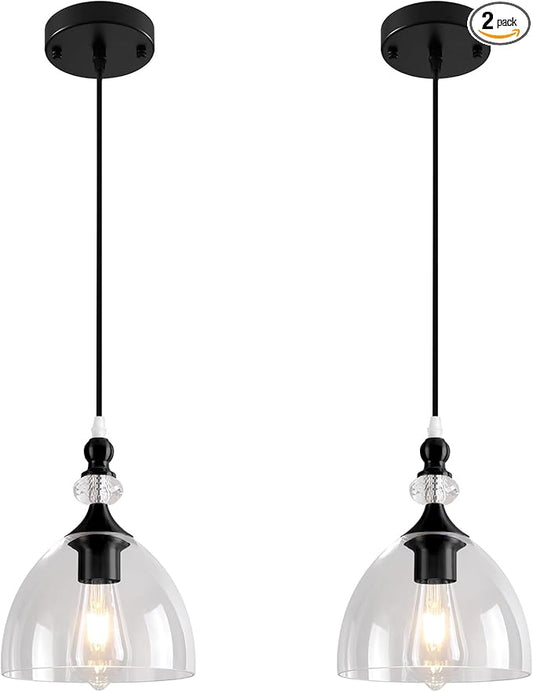 Pendant Ligh for Dining Room, Brushed Gold Pendant Light Kitchen Island, Modern Pendant Lights with Glass Shade for Living Room, Foyer, Bedroom, Hallway, Black/Clear, 2 Pack