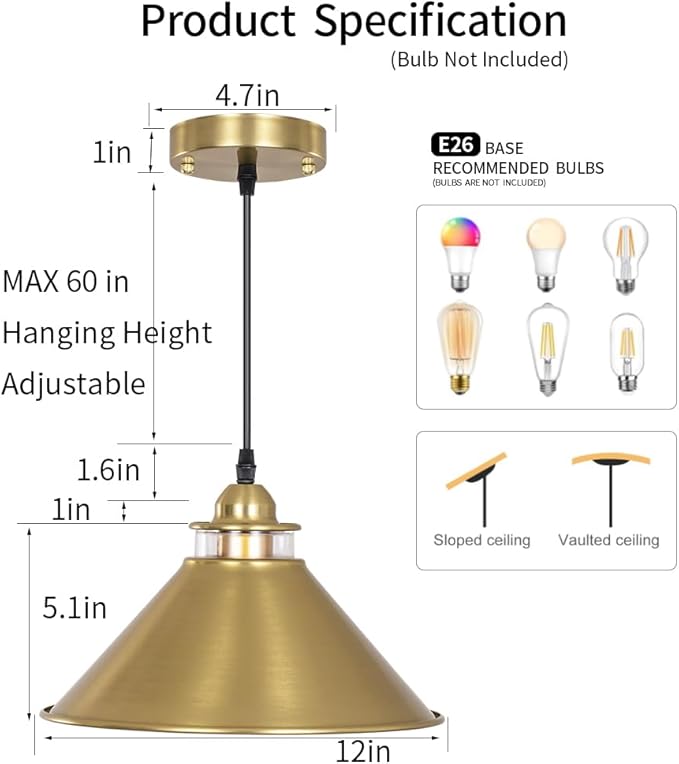 Black Pendant Lights Kitchen Island 2 Pack, Dome Pendant Light Fixtures, Farmhouse Pendant Light, Modern Pendant Lights for Kitchen Island Dining Room Bedroom Study (2, Gold)