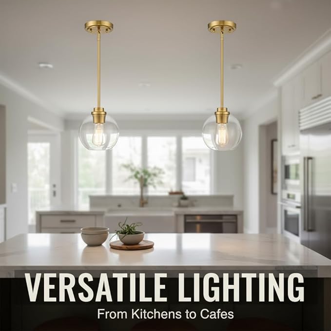Gold Pendant Light – 7 Inch Clear Glass Farmhouse Hanging Fixture, Adjustable Height & Sloped Ceiling Compatible for Kitchen Island Dining Room Entryway Bedroom Hallway, 1 Pack