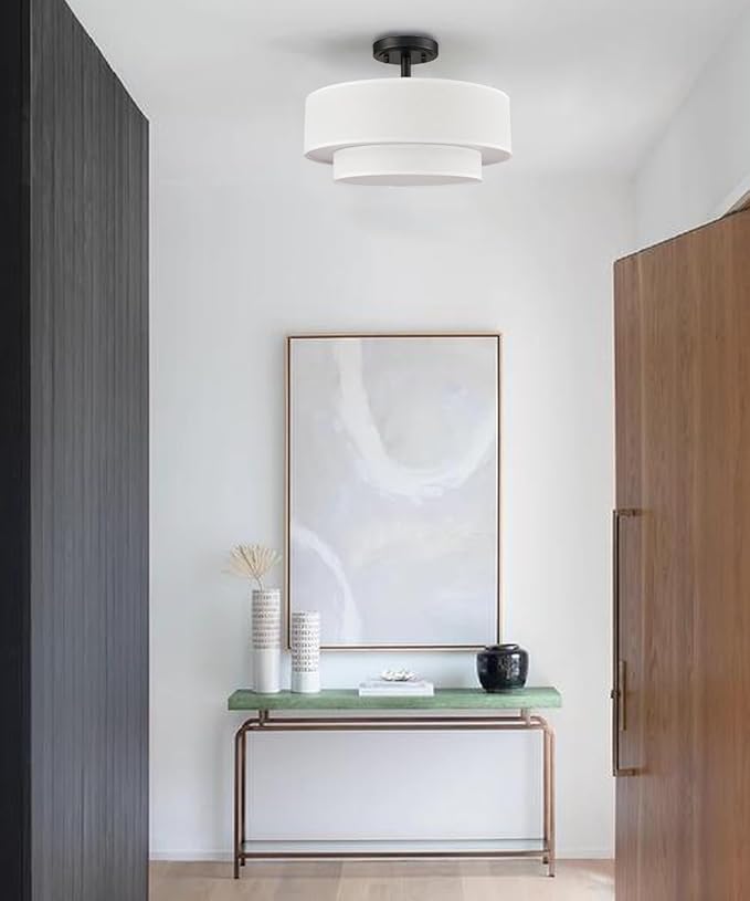 DAYCENT Black Drum Semi Flush Mount Ceiling Light Modern Farmhouse Dimmable LED Light Fixture Ceiling 30W 3000K/4500K/5500K Drum Shade Ceiling Light for Bedroom Hallway