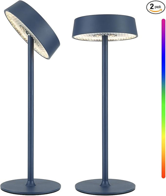 Cordless Lamp, Rechargeable Table Lamp, Battery Operated, RGB Dimmable Touch Control, 3 Color Temperatures, LED Memory Function, Portable Outdoor Waterproof, Restaurant Dining Patio Kitchen, Blue 2Pcs