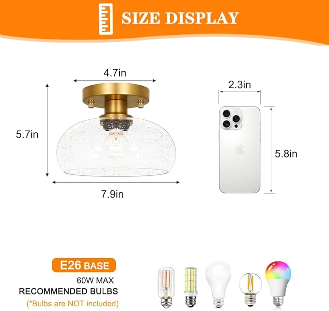Modern Gold Semi Flush Mount Ceiling Light - Small Seeded Glass Shade for Even Illumination, 8 Inch Diameter Semi Flush Design Ideal for Low Ceilings in Hallways & Kitchens