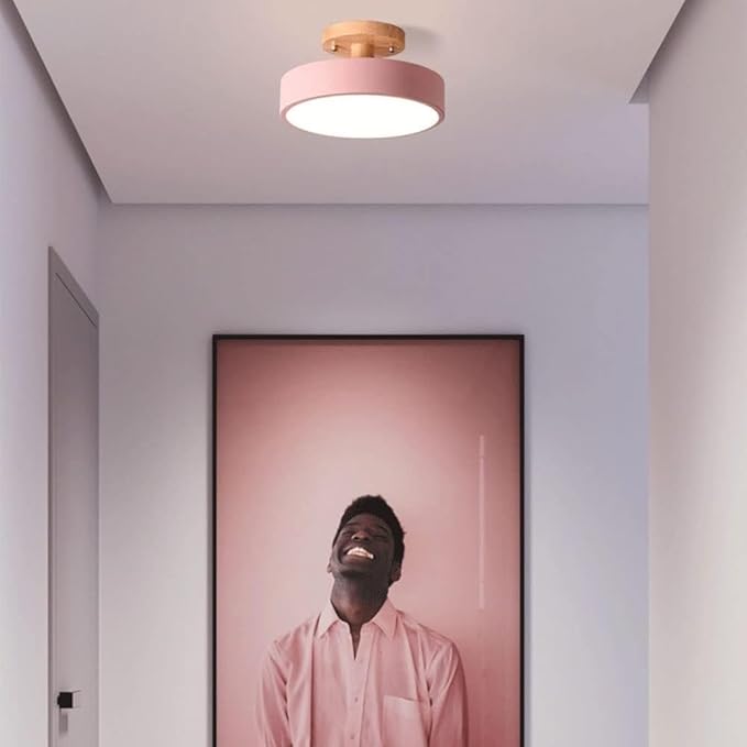 Close To Ceiling Lights Round Metal Three-Color Led Ceiling Light Minimalist Circle Wood Canopy Ceiling Lamp Semi Flush Mount Ceiling Light Fixtures for Restaurant Living Room Kitchen Entry Hallway Ba