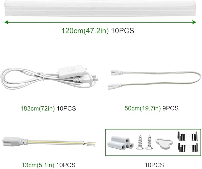 LightingWill 10 Pack LED Shop Light 4FT, Warm White 3000~3500K, 20W, Linkable T5 Integrated Fixture, Utility LED Ceiling Light and Under Cabinet, Corded Electric with Built-in ON/Off Switch